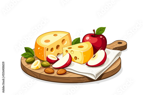 Delicious Cheese and Apple Slices Arrangement on a Wooden Board, Cartoon Style Illustration