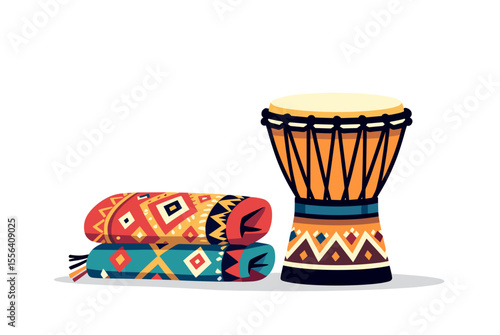 Vector Illustration of a Djembe Drum and Folded Colorful Ethnic Blankets, Representing Cultural Music and Art
