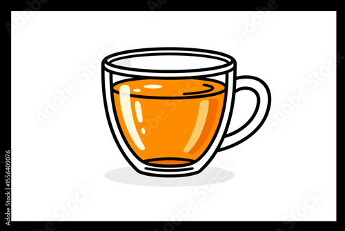 Illustration of a Glass Cup with Orange Liquid, Simple Cartoon Style on White Background