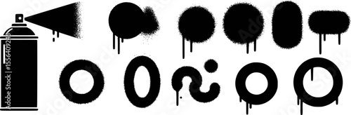 Black spray paint can and abstract shapes with drips aerosol white