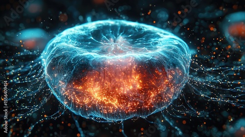 Vibrant bioluminescent organism in a dark field.