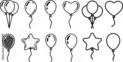 Black white line drawing of balloons and stars heart black and white