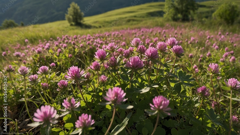 Obraz premium Vibrant Clover Field With Blooming Pink Flowers Under a Clear Blue Sky During a Sunny Day in the Mountains