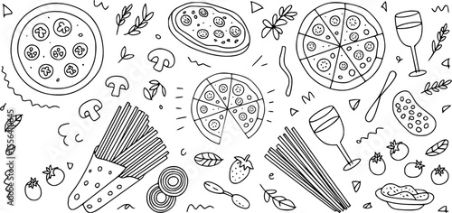Hand drawn Italian food and drink illustration pizza pasta