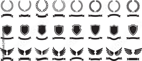 Vector Heraldry Collection: Laurels, Shields, Wings, Ribbons Black and white vector icons set