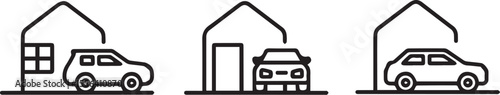 Minimalist line art of vehicles under shelters garage transport