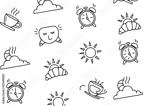 Morning coffee sun croissant alarm clock cloud pattern vector