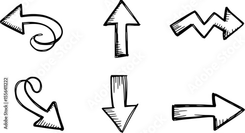 Six hand drawn directional arrows in black and white sketch
