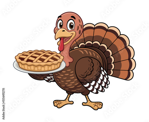 Cartoon Turkey Holding a Thanksgiving Pie on a Plate Cute turkey character carrying pie turkey pie thanksgiving cartoon illustration food character cute holiday