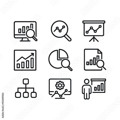 Data analysis vector graphics set. Outline symbols. Line design
