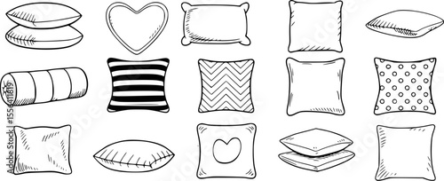 Various pillows in sketch style illustration black and white decorative
