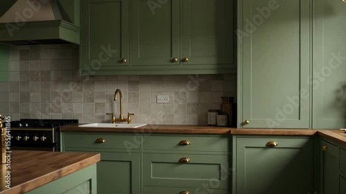 Green kitchen interior with wooden countertop and tile backsplash