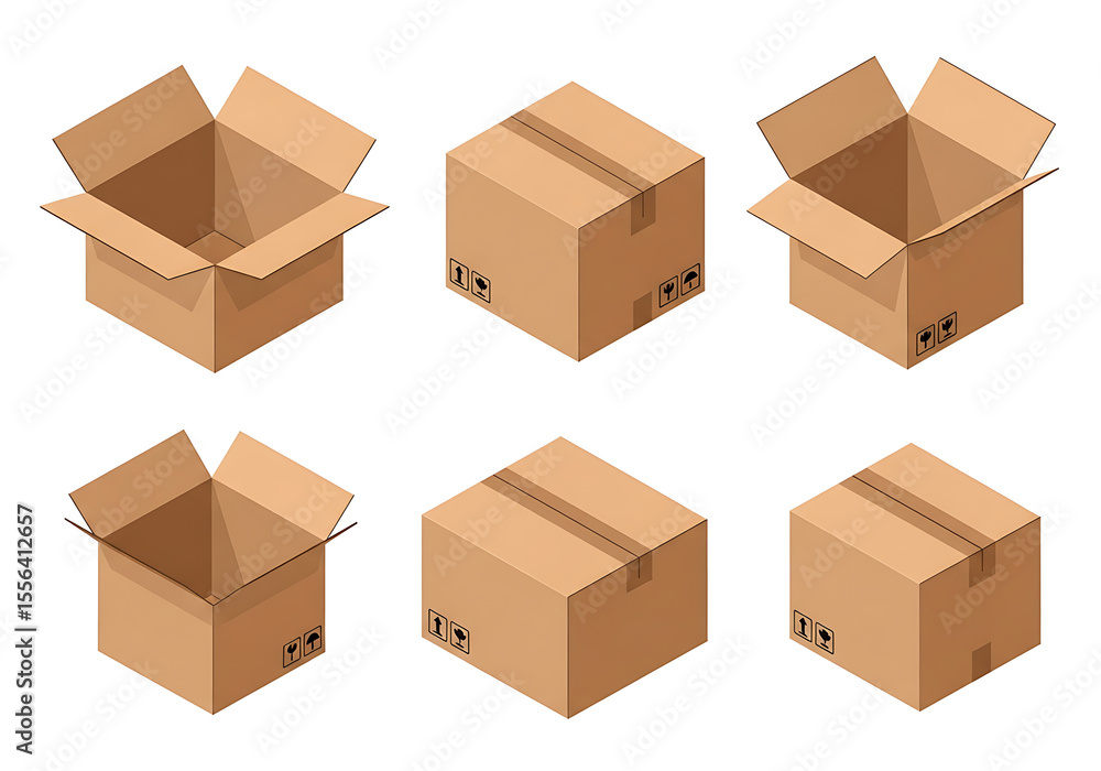 Isolated brown cardboard shipping boxes, some open, stacked for delivery or storage on a white background Isolated brown cardboard shipping boxes, some open, stacked for delivery or storage on a white background