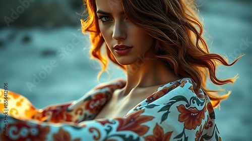 Woman model portrait with hand-painted floral dress