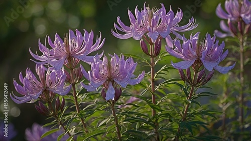Beautiful Purple Flowers Blooming in a Garden During Late Spring, Showcasing Delicate Petals and Vibrant Green Foliage Under Soft Sunlight