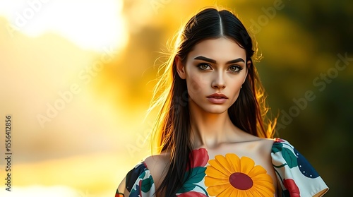 Woman model portrait with hand-painted floral dress