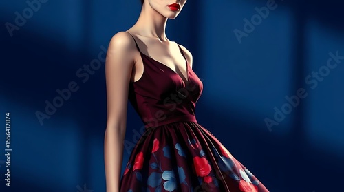 Woman model portrait with hand-painted floral dress