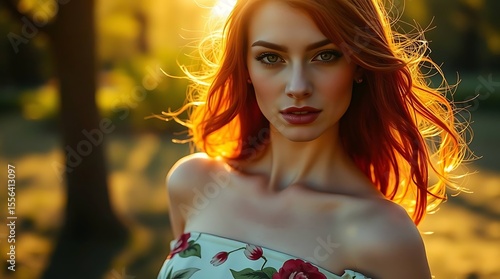 Woman model portrait with hand-painted floral dress