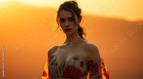 Woman model portrait with hand-painted floral dress