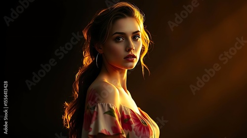 Woman model portrait with hand-painted floral dress