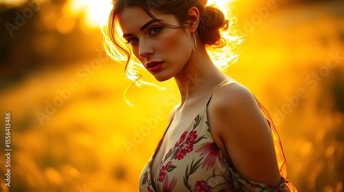 Woman model portrait with hand-painted floral dress