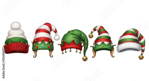 Festive collection of cartoon elf hats with holiday colors and jingle bells adorn a transparent background, creating a whimsical Christmas theme.