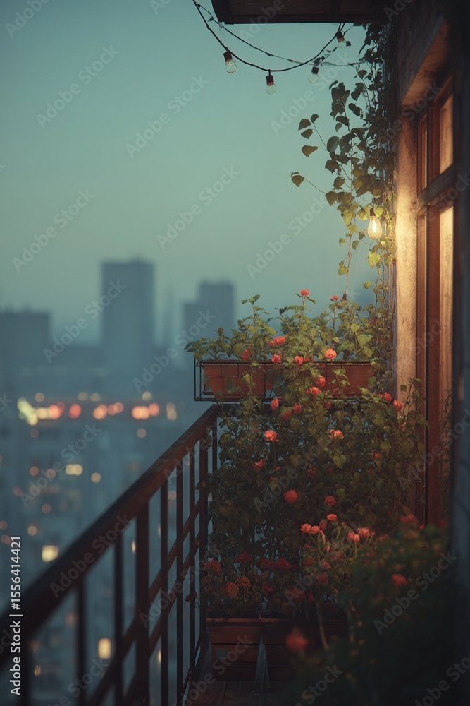 Balcony view overlooking city at dusk. Balcony view overlooking city at dusk.