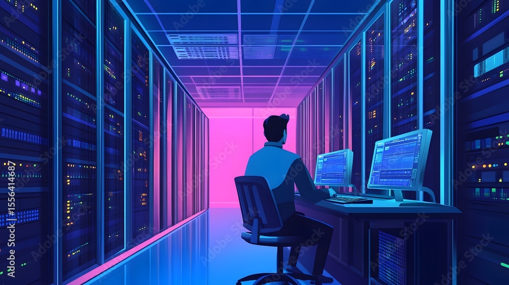 Fototapeta premium Digital Data Center: An individual focuses on server operations, surrounded by the vastness of a data center's information storage infrastructure, capturing the essence of digital modernity.