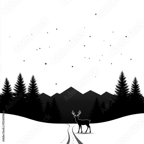 Winter Wonderland: Deer Silhouette in Snowy Mountain Landscape