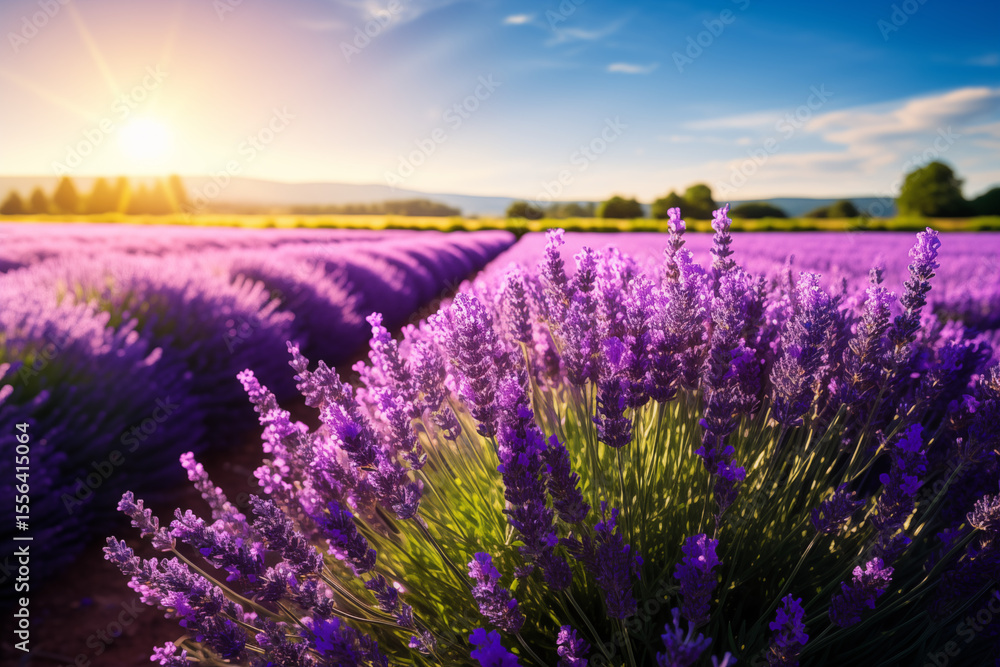 Obraz premium Lavender fields in full bloom, leading lines perspective, summer