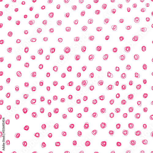 Hand drawn ink polka dot circles pink color on white. Seamless pattern