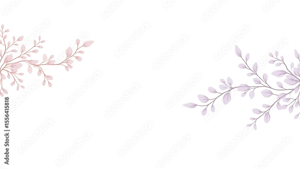 Elegant Pastel Floral Corner Design: Soft Pink and Lavender Watercolor Branches on White Background Elegant Pastel Floral Corner Design: Soft Pink and Lavender Watercolor Branches on White Background