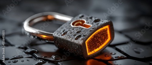 Wet padlock on dark surface, glowing