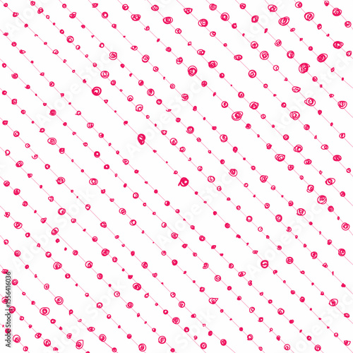 Hand drawn ink diagonal lines with dots dot circles pink color on white. Seamless pattern