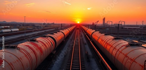 Rusty tanker trains, orange sunset casting long shadows across industrial landscape, rusted, silhouette