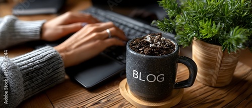 Woman blogs at desk, coffee nearby