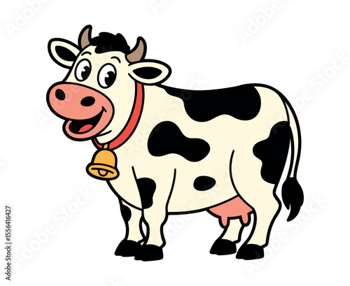 Cartoon Illustration of a Happy Cow with Black and White Spots and a Bell Cute cartoon cow happy expression cow cartoon illustration animal