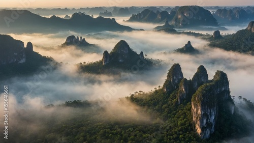 Majestic Sunrise Over Misty Mountain Peaks in a Serene Landscape With Lush Greenery