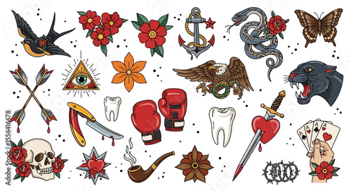 Collection of Traditional Tattoo Flash Designs Roses, Animals, and More