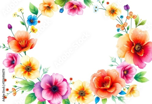 Watercolor floral circle frame, soft doodle background ,  leaves,  vibrant