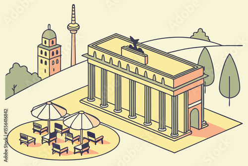 Isometric Germany Scene with Brandenburg Gate, Beer Garden, and Castles