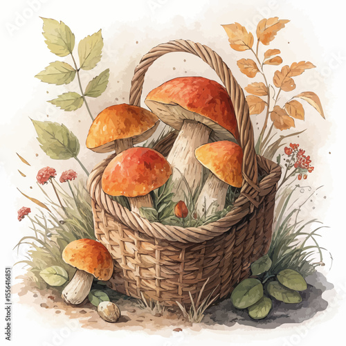 Orange-cap boletus mushrooms in a woven basket with soft leaves. Watercolor and charcoal texture, warm diffused light, natural brown and orange tones, isolated.