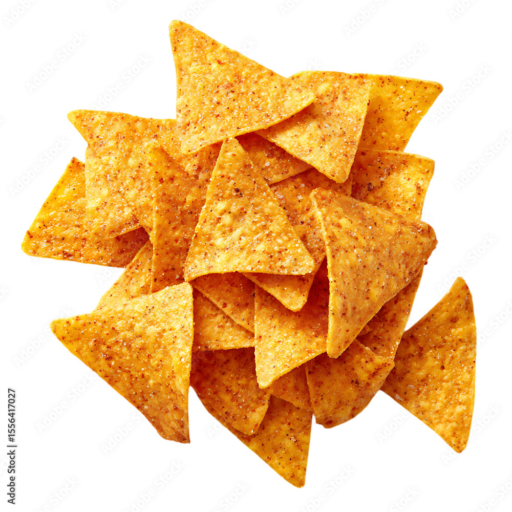A pile of crispy seasoned tortilla chips with visible salt and spice specks isolated on transparent background A pile of crispy seasoned tortilla chips with visible salt and spice specks isolated on transparent background