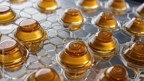 Honey Droplets Placed in a Honeycomb Pattern on a Reflective Surface Showcasing Their Amber Color and Glossy Texture