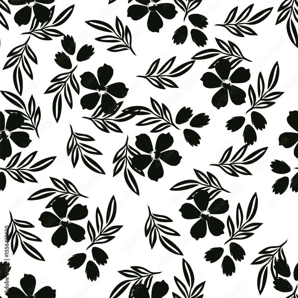 Fototapeta premium Tropical flower pattern seamless, silhouette of blooming, hand drawn botanical, Floral leaf for spring and Summer time, natural ornaments for textile, fabric, wallpaper, background design.