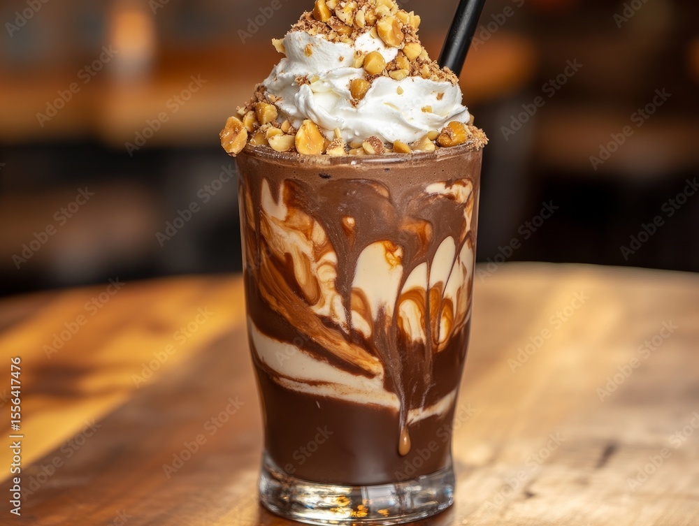 A peanut butter swirl blended into a chocolate milkshake, topped with whipped cream and crushed peanuts A peanut butter swirl blended into a chocolate milkshake, topped with whipped cream and crushed peanuts