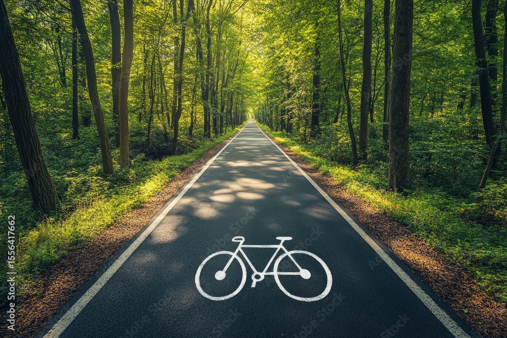Fototapeta premium Empty asphalt road with bicycle lane crossing beautiful green forest illuminated by bright summer sunlight