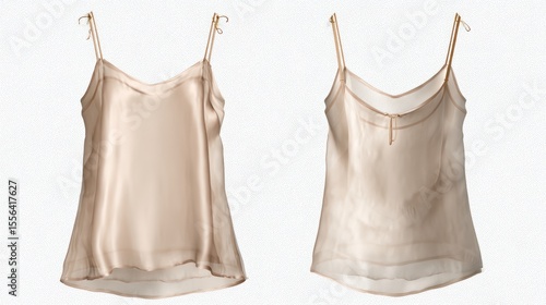 Flat lay mockup of a sleeveless silk camisole, front and back views, on transparent background, emphasizing delicate straps and fabric sheen