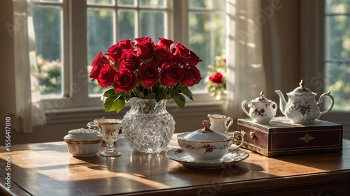Elegant Tea Setting With Roses in Sunlight Streaming Through Windows During a Serene Afternoon Gathering
