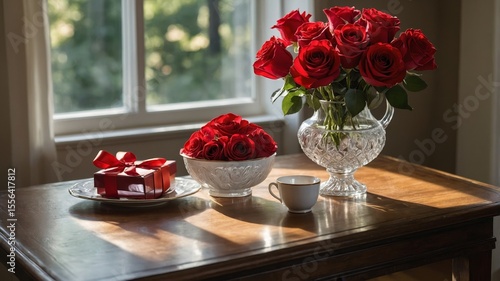 Bright Red Roses in a Crystal Vase With a Gift and Coffee Cup on a Wooden Table Beside a Sunny Window
